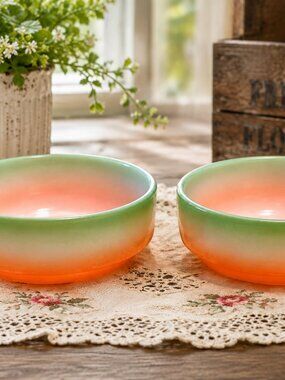 Retro Fire-King Style Ombre Bowls Set of 2 Orange, White & Green, Made in USA